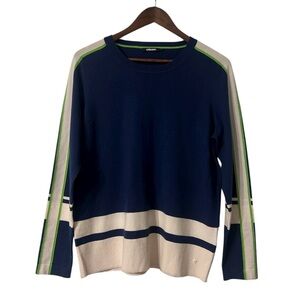 Olsen “Henny” Sweater | Size M (US 10) | Navy Blue Cream & Green Stripe Pullover